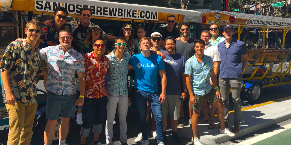 A large group of 30 people team building with Brew Bike