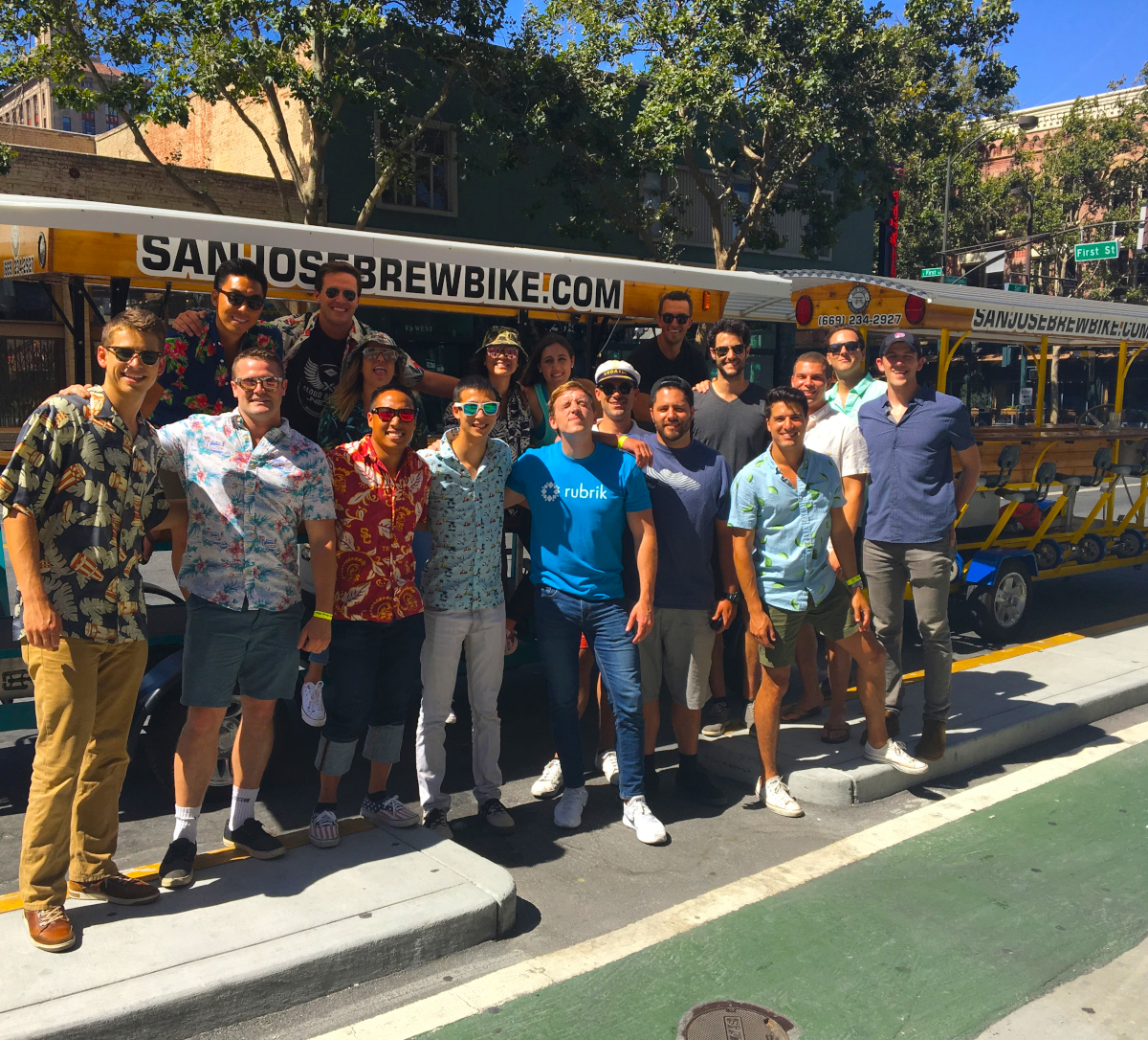 A large group of 30 people team building with Brew Bike